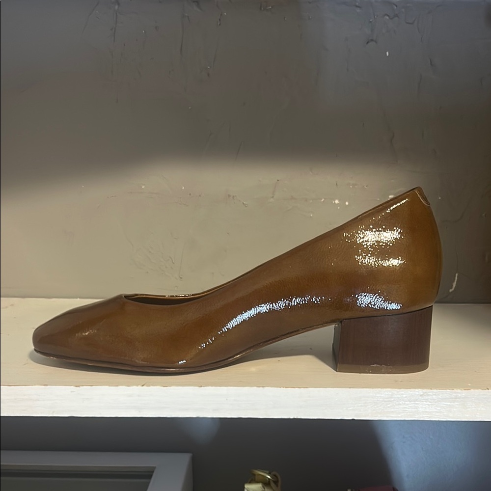 Patent Leather Brown Block Heel Pumps